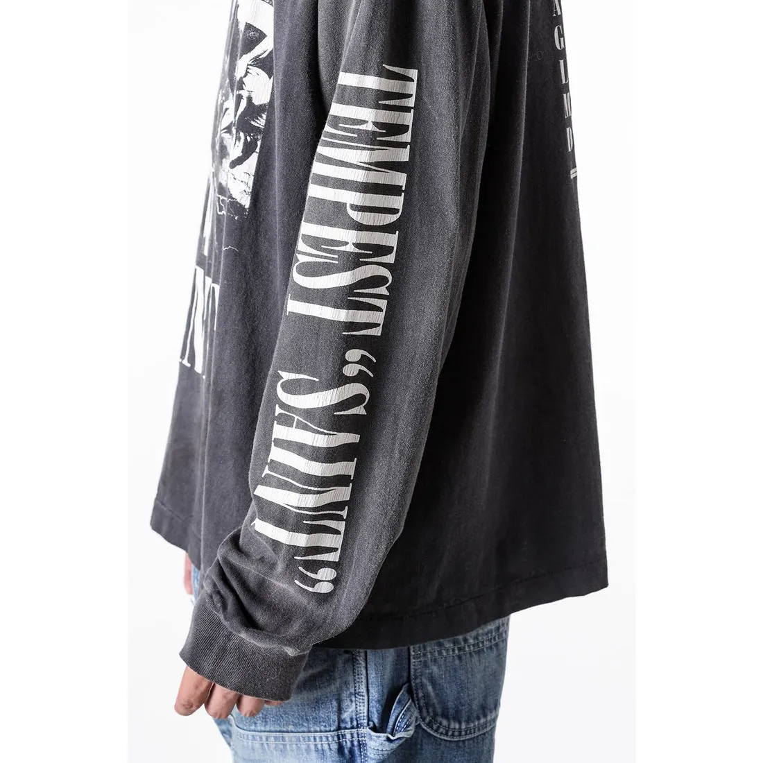 SAINT Mxxxxxx LS TEE/TEMPEST/BLK 'TEMPEST SAINT' Storm Religious Saints Cracked Retro Vulcanized Heavy Wash Long Sleeves Washed Black S-XL Assute Dyeing Multi-bit Horse Fading Craftsmanship Grinding and Hanging Holes Full of Old Feeling Top Printing Craftsmanship Purchasing Level